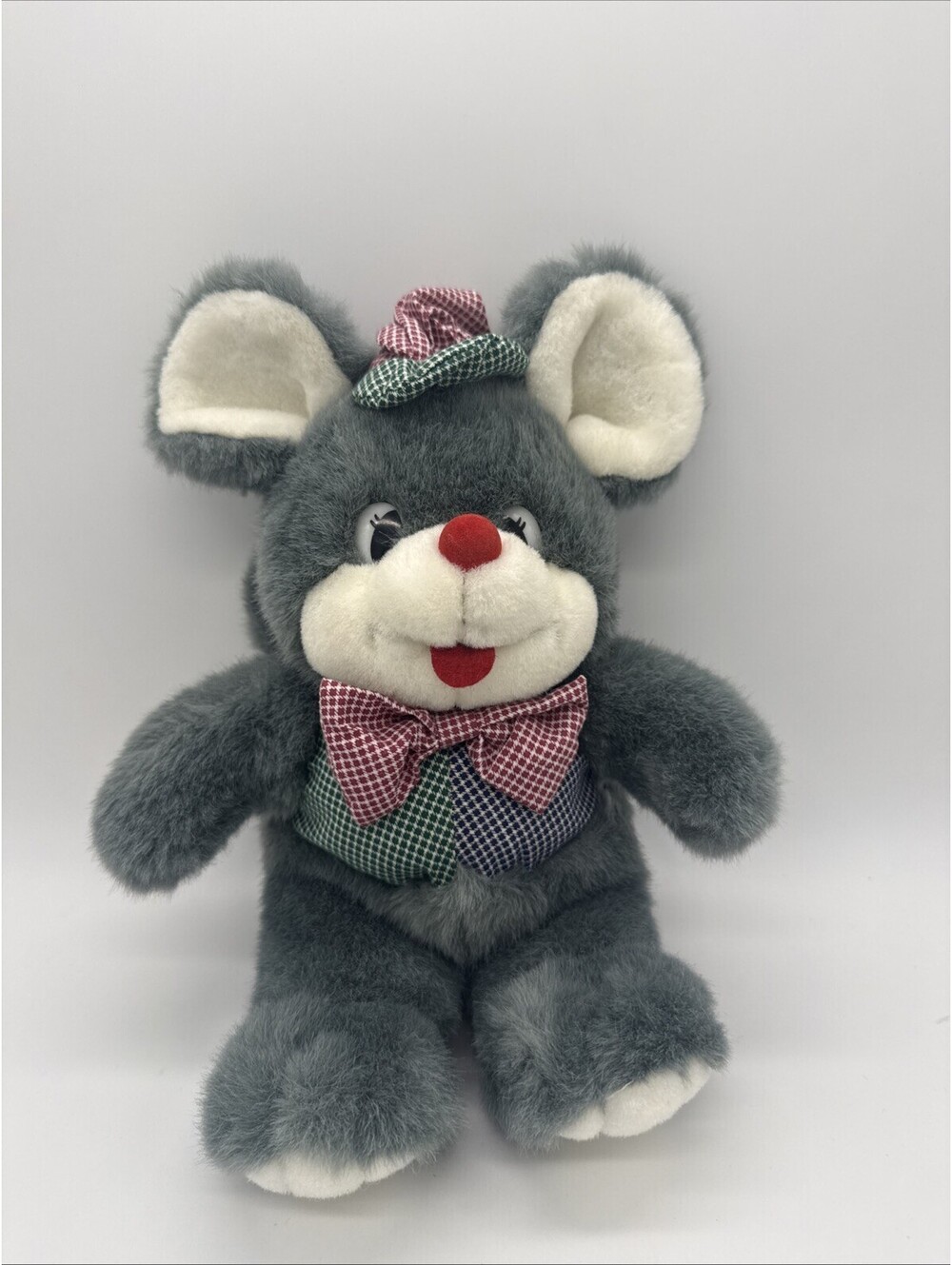 Vintage 1980s Dakin Gray Mouse Plush Country Plaid Bow Tie Gingham Stuffed